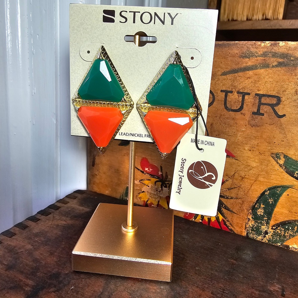 Green Orange Geometric Diamond Stud Post Earrings Women OS Colorblock Gold